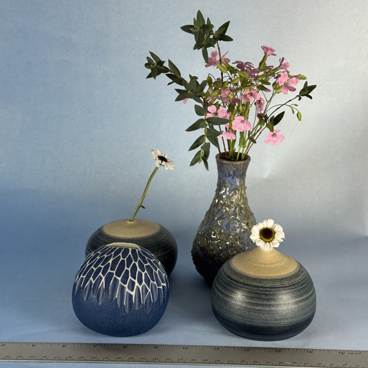 Four Unique Blue Handmade Bud Vases