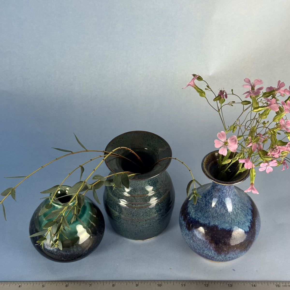 Trio of Mini Glazed Handmade Bud Vases in Blue and Green Brown