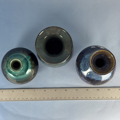 Trio of Mini Glazed Handmade Bud Vases in Blue and Green Brown