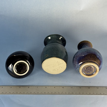 Trio of Mini Glazed Handmade Bud Vases in Blue and Green Brown