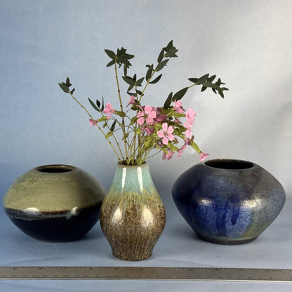Trio of Mini Ceramic Bud Vases Glazed Pottery in Blues, Greens and Browns