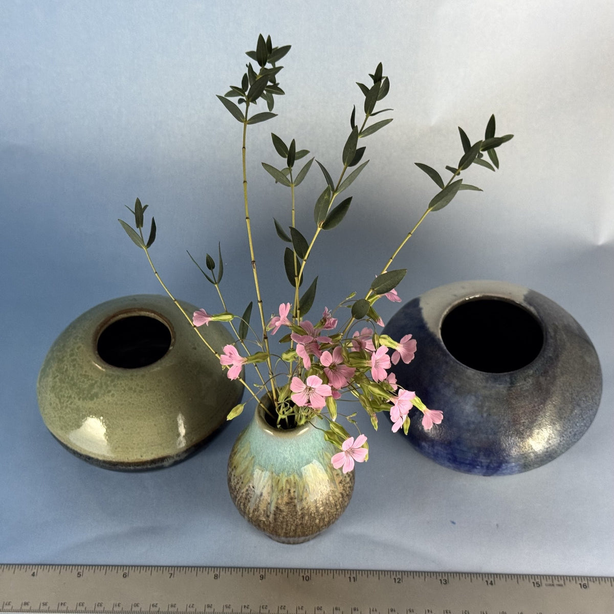 Trio of Mini Ceramic Bud Vases Glazed Pottery in Blues, Greens and Browns