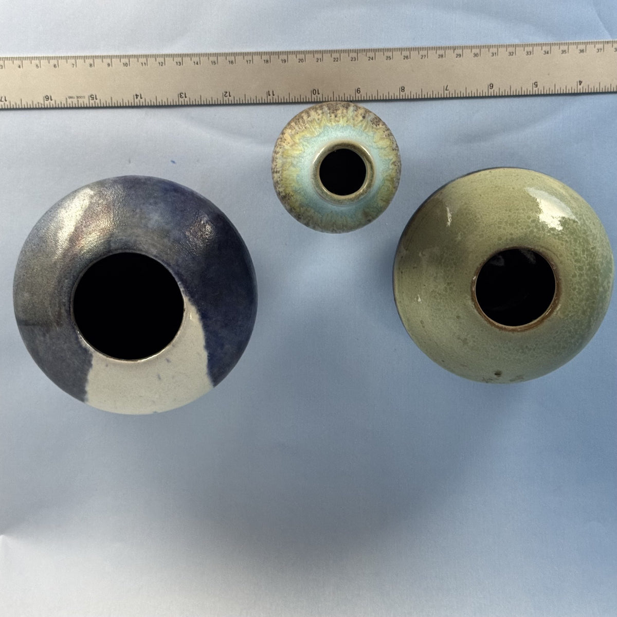 Trio of Mini Ceramic Bud Vases Glazed Pottery in Blues, Greens and Browns
