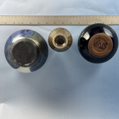 Trio of Mini Ceramic Bud Vases Glazed Pottery in Blues, Greens and Browns