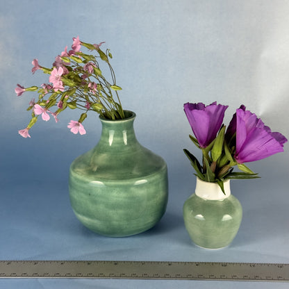 Pair of Handmade Small Green Glazed Ceramic Bud Vases