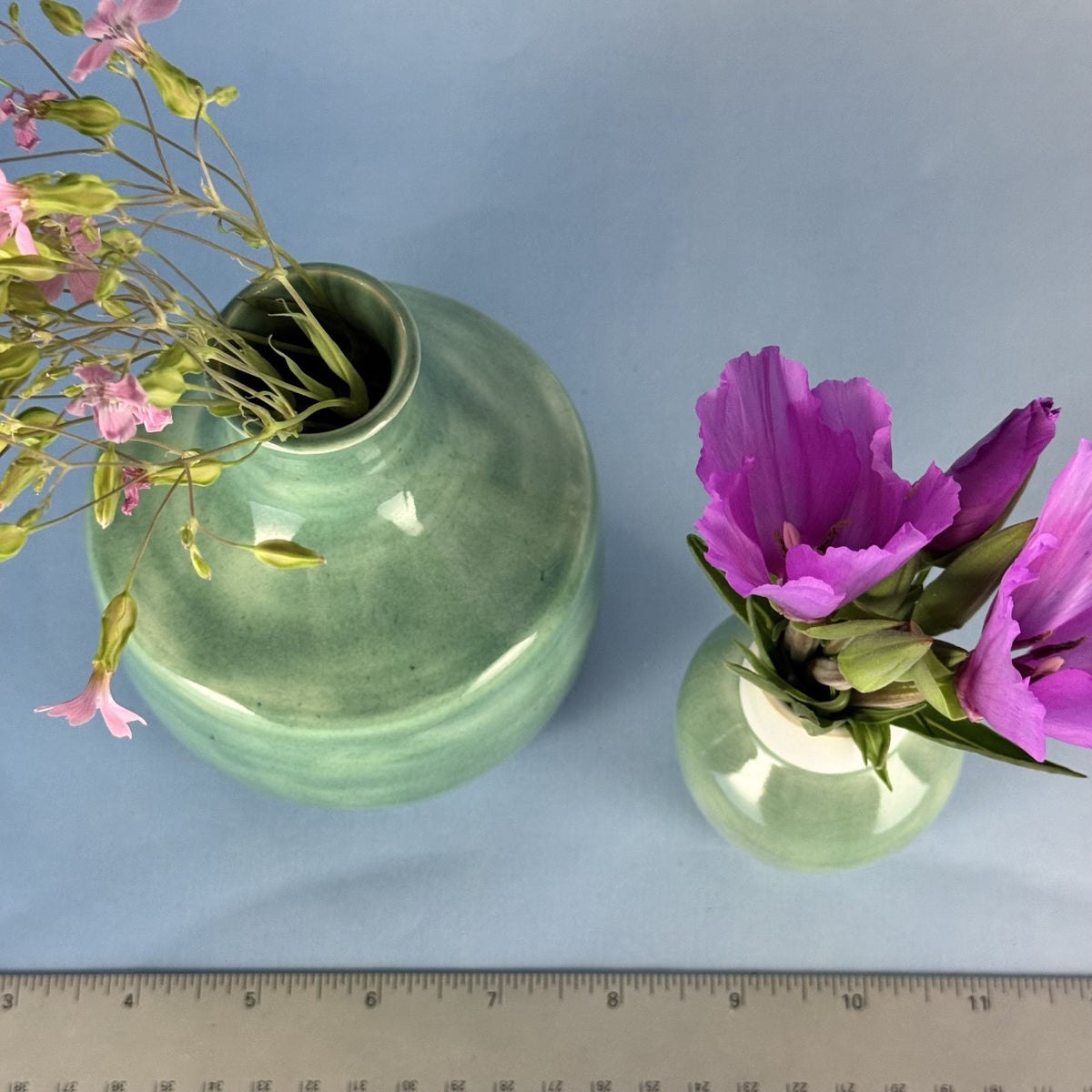 Pair of Handmade Small Green Glazed Ceramic Bud Vases