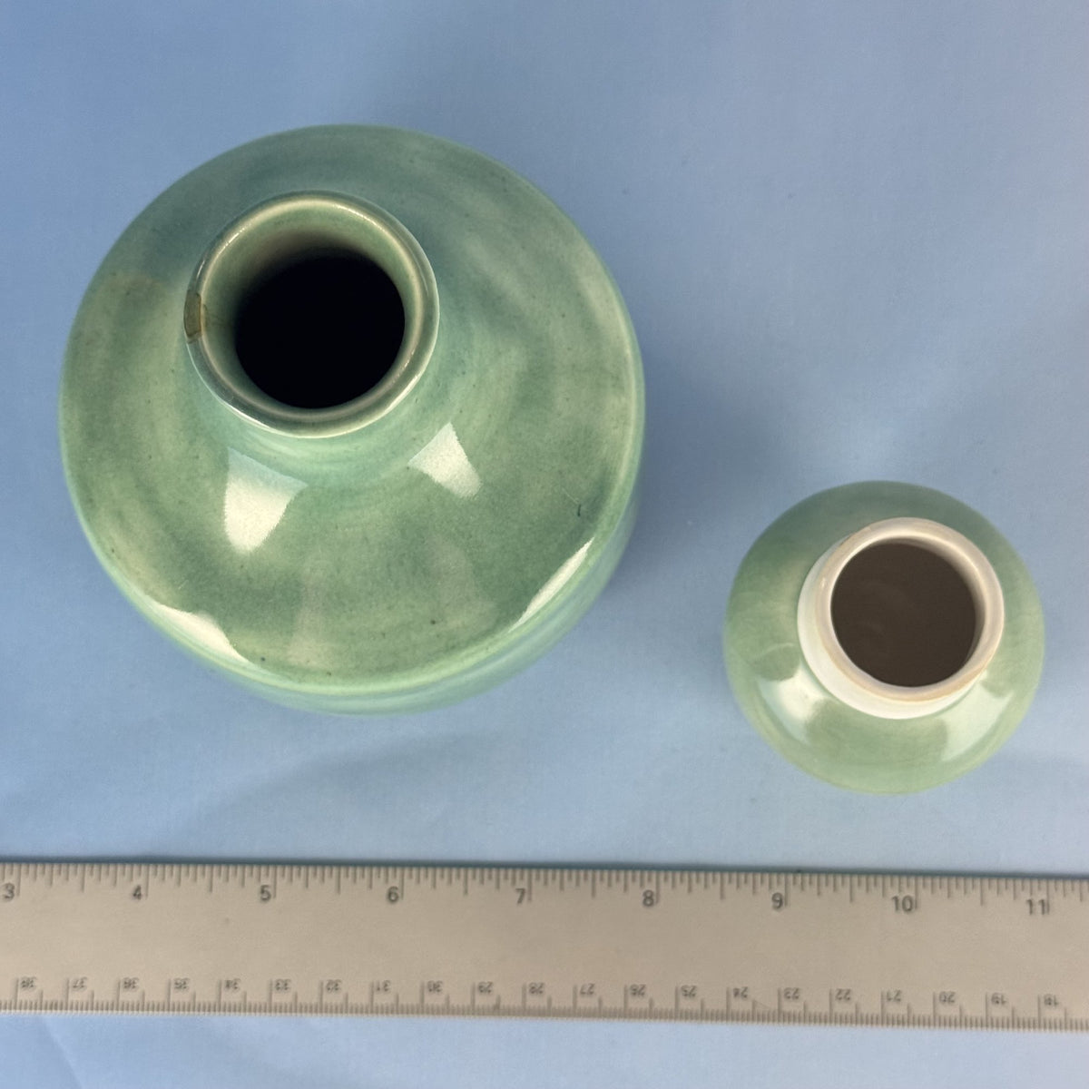 Pair of Handmade Small Green Glazed Ceramic Bud Vases