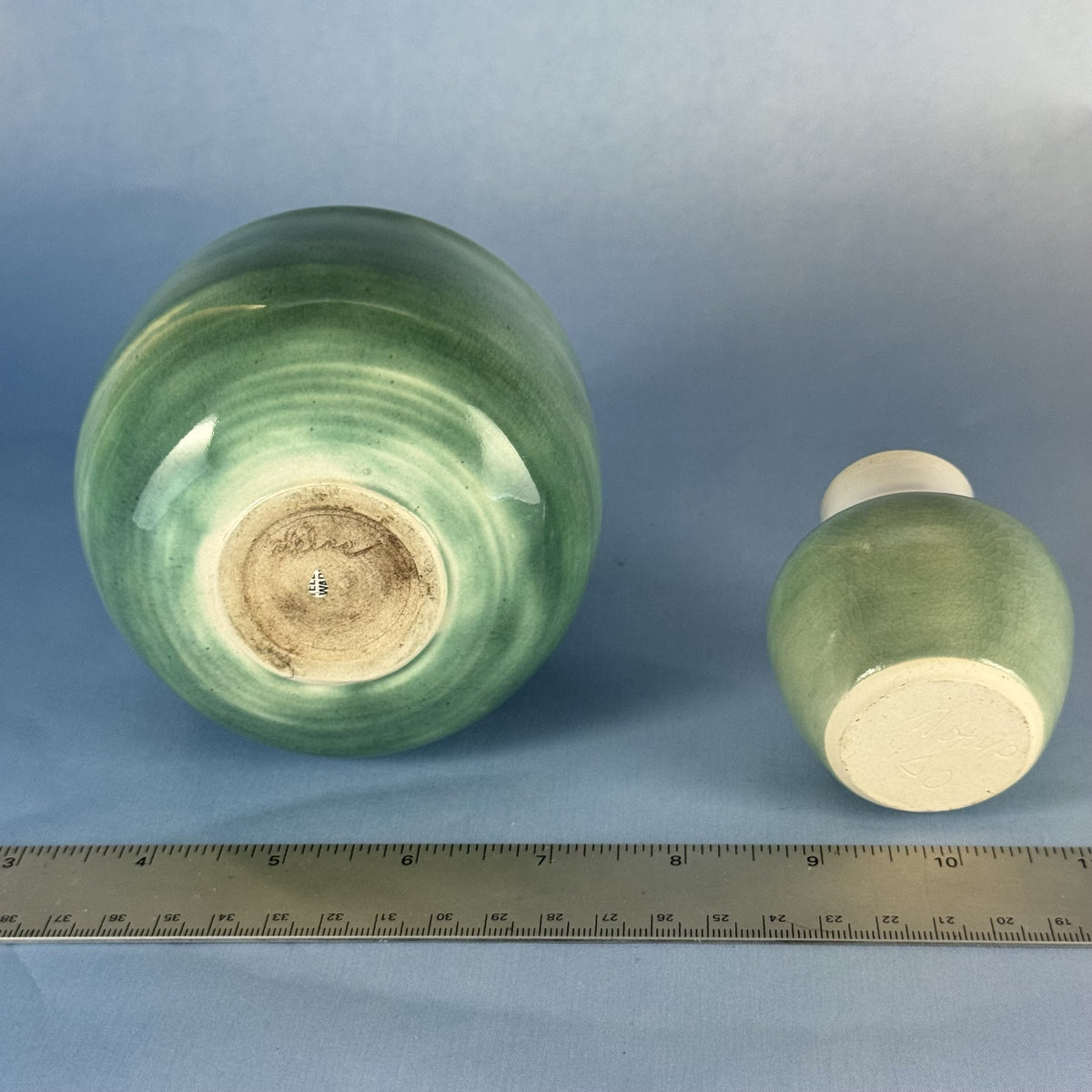 Pair of Handmade Small Green Glazed Ceramic Bud Vases