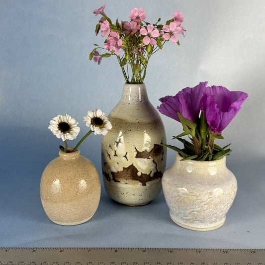Trio of Handmade Cream and Brown Glazed Ceramic Bud Vases