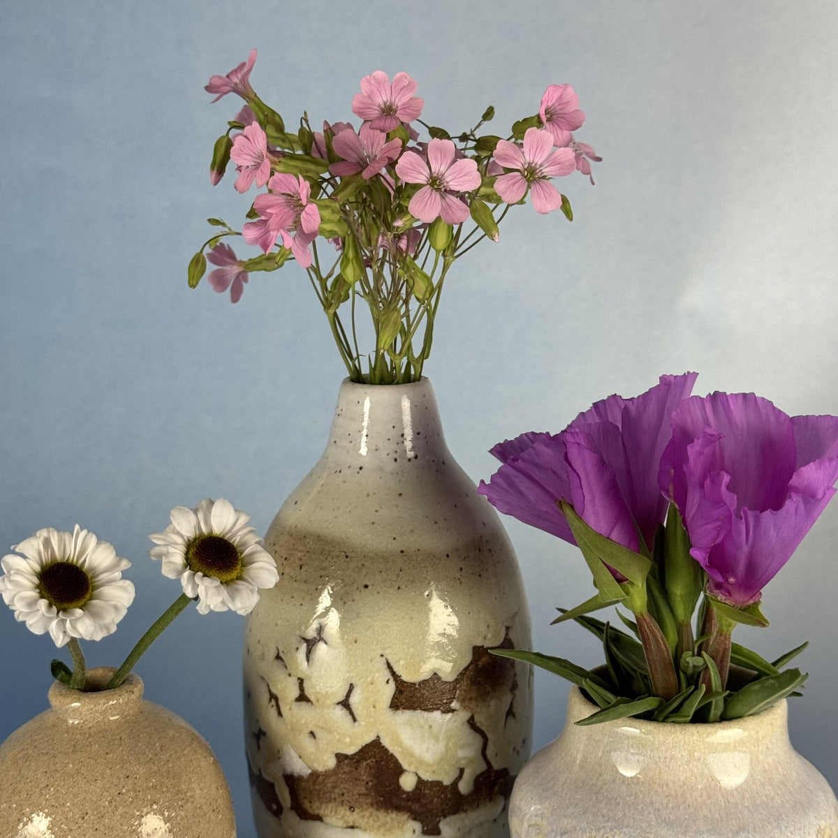 Trio of Handmade Cream and Brown Glazed Ceramic Bud Vases