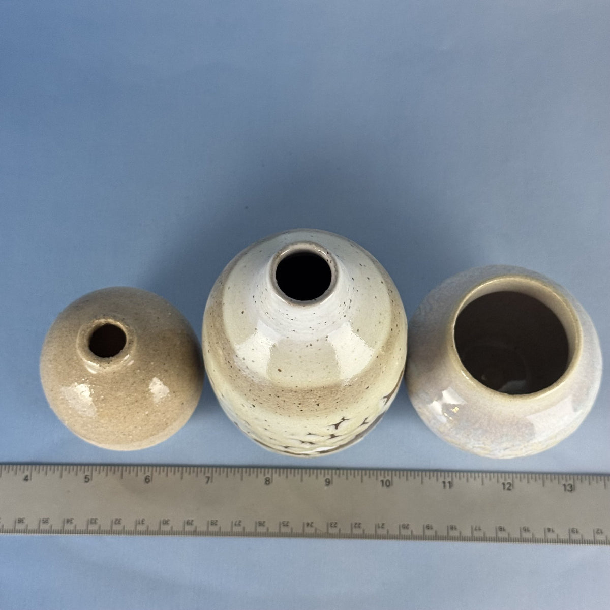 Trio of Handmade Cream and Brown Glazed Ceramic Bud Vases