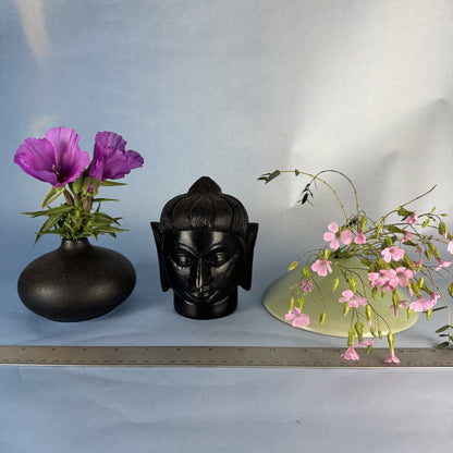 Pair of Handmade Small Ceramic Bud Vases and Carved Stone Buddha Figurine