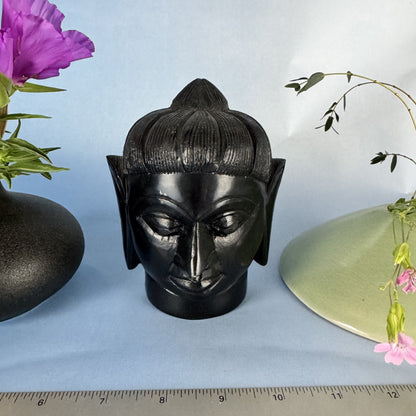 Pair of Handmade Small Ceramic Bud Vases and Carved Stone Buddha Figurine