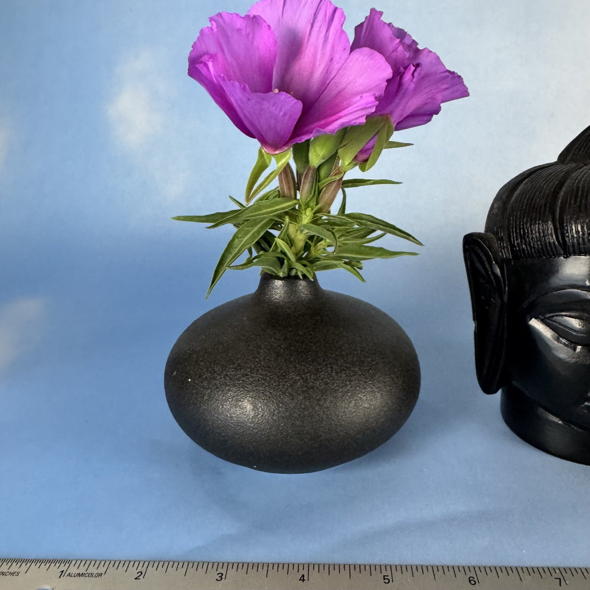Pair of Handmade Small Ceramic Bud Vases and Carved Stone Buddha Figurine