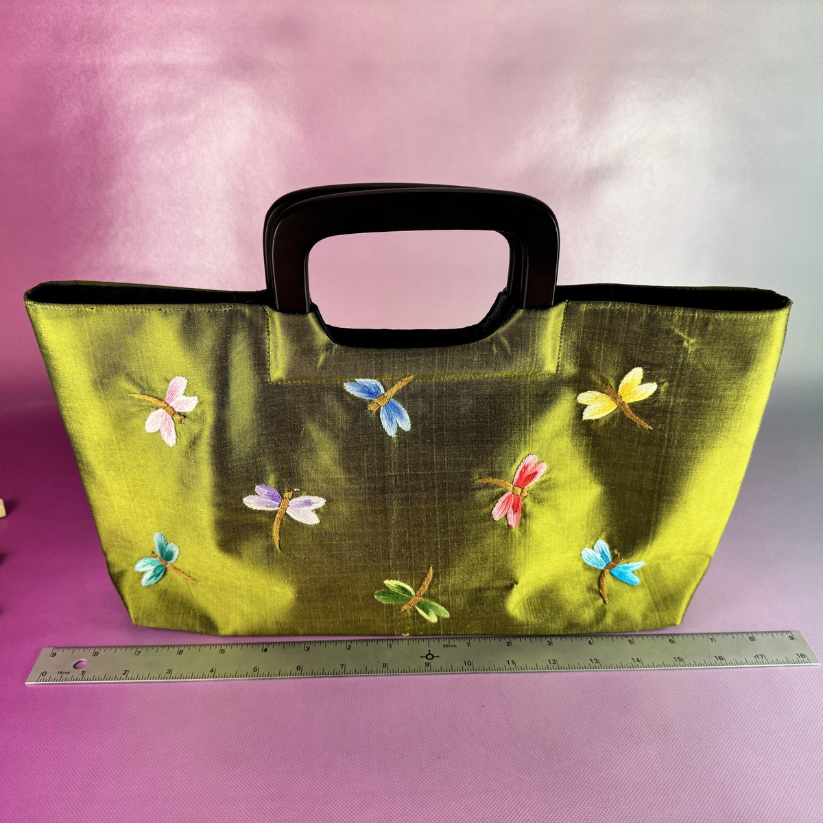 Wood-handled, Green Silk Embroidered Handbag