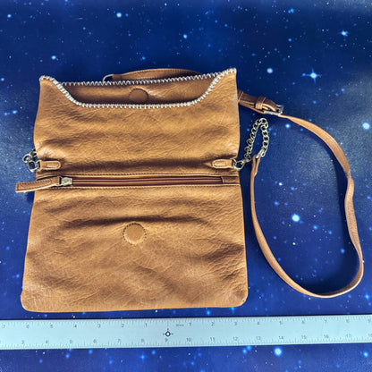 Taupe Leather Clutch with Magnetic Clasp and Metallic Chain