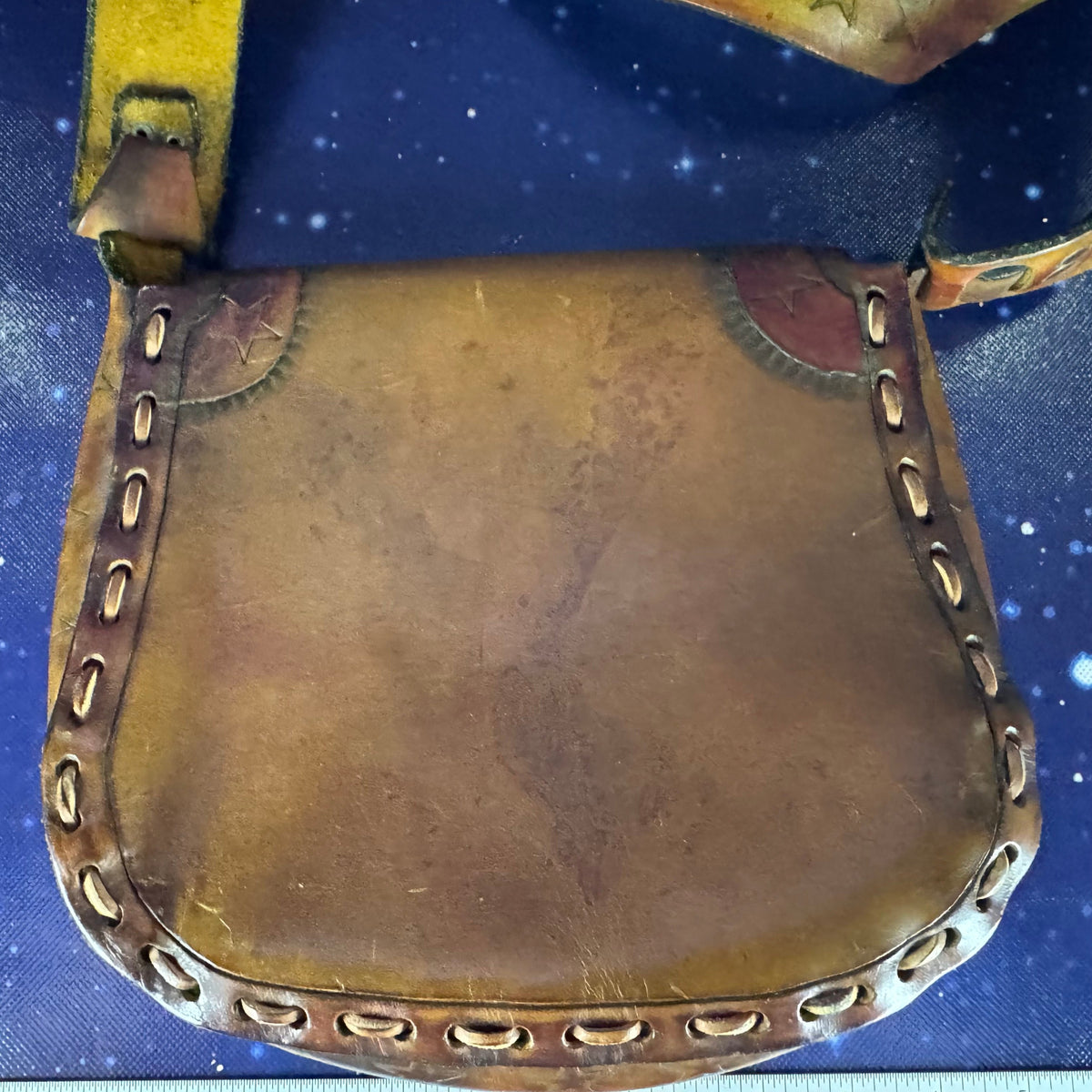 Hand-tooled and Dyed Leather Purse with Stars and Stripes Motif