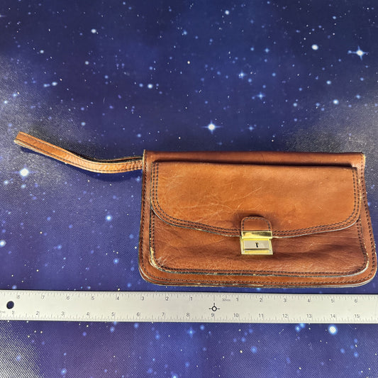 Brown Leather Clutch Wristlet with Hardware Clasp