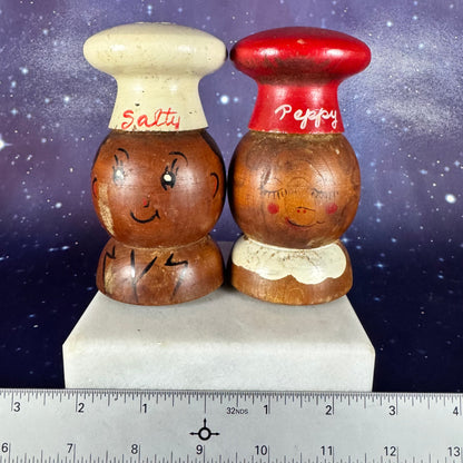 Antique Japanese 1950's Peppy & Salty 5 1/2" Wooden Salt and Pepper Shakers
