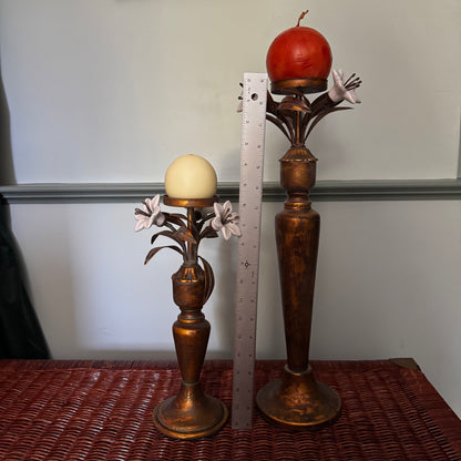 Hollywood Regency Candle Stick Holder - French Toleware Ceramic Flowers