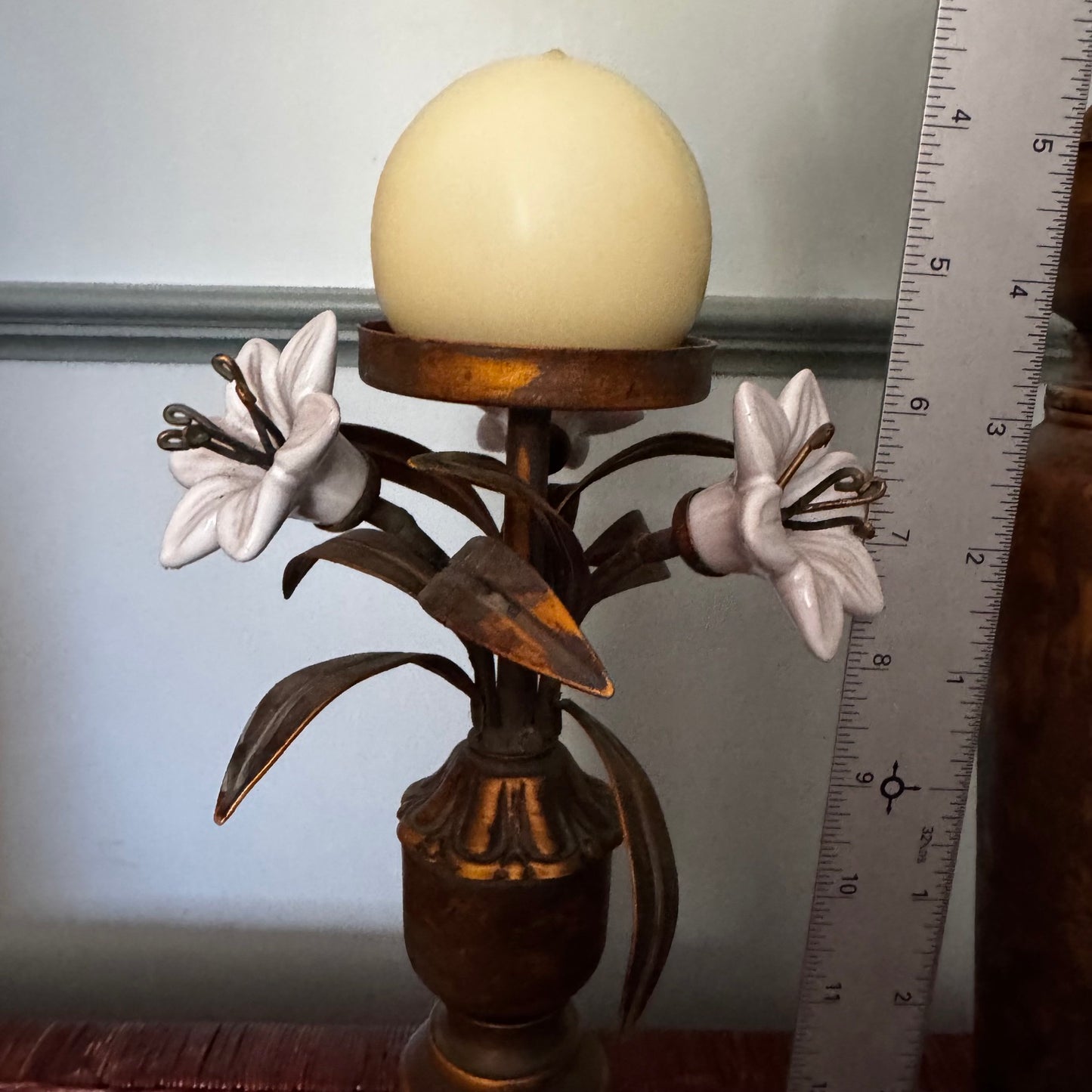 Hollywood Regency Candle Stick Holder - French Toleware Ceramic Flowers