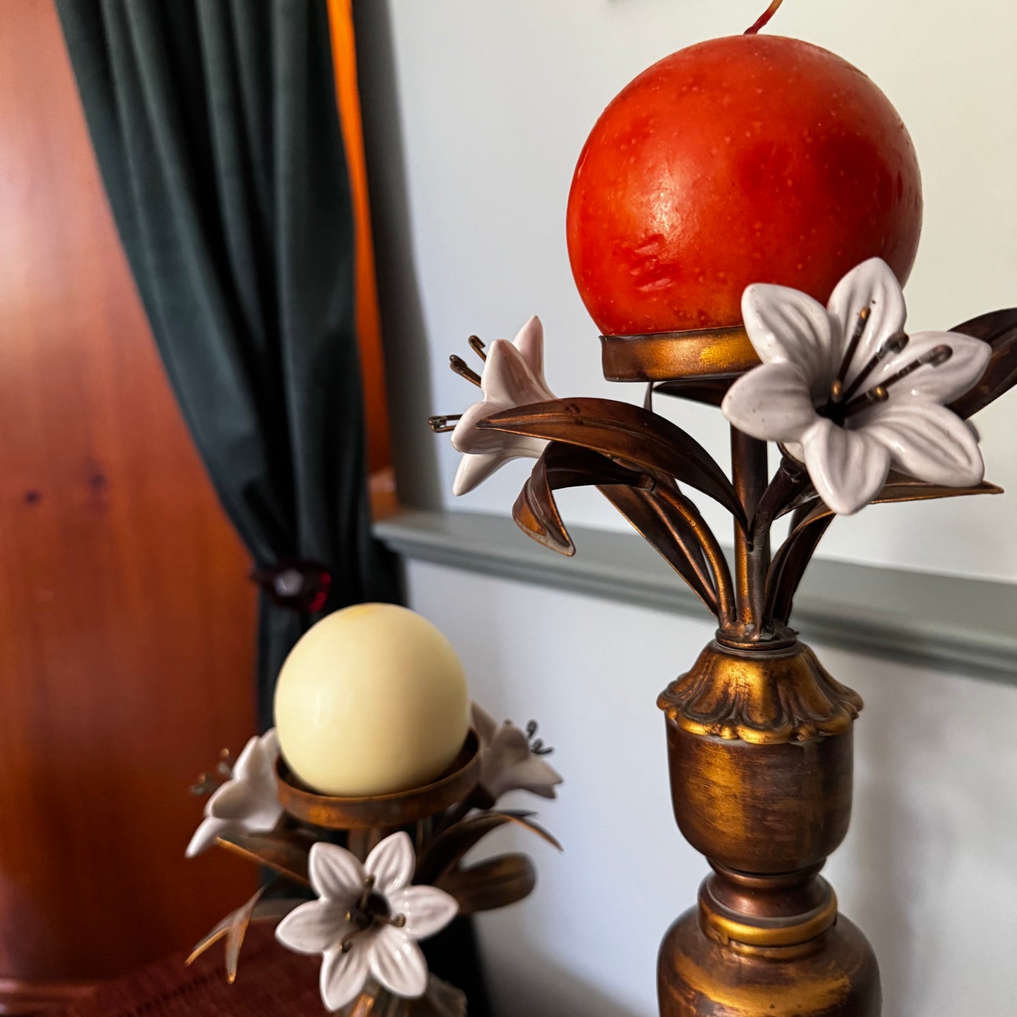 Hollywood Regency Candle Stick Holder - French Toleware Ceramic Flowers