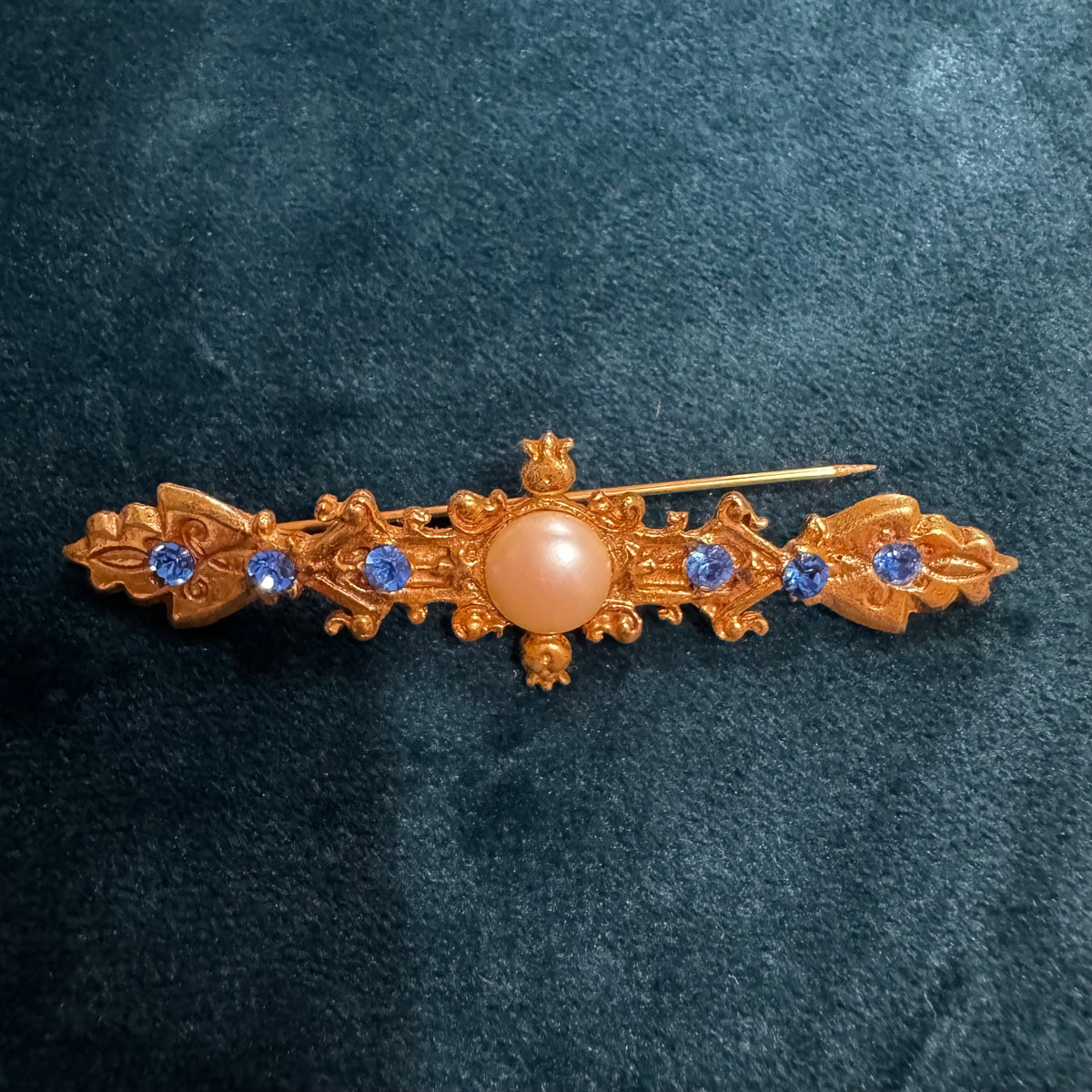 Antique Gold-Filled Blue and Clear Stone Bar Pin