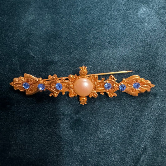 Antique Gold-Filled Blue and Clear Stone Bar Pin
