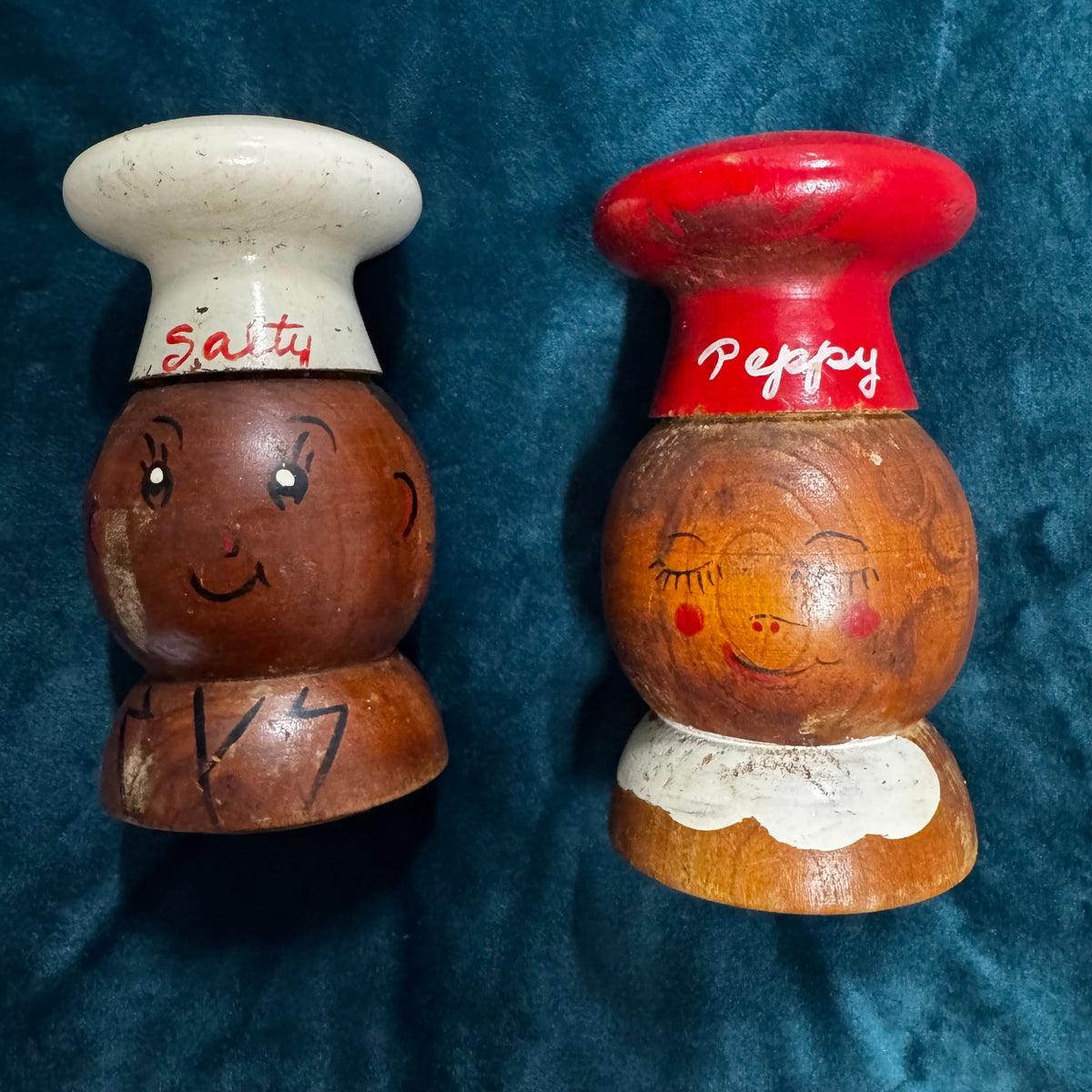 Antique Japanese 1950's Peppy & Salty 5 1/2" Wooden Salt and Pepper Shakers