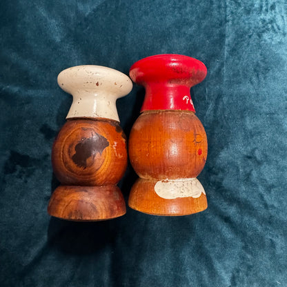 Antique Japanese 1950's Peppy & Salty 5 1/2" Wooden Salt and Pepper Shakers