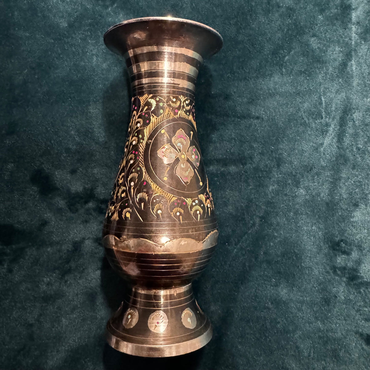 Gunmetal and Brass Engraved Indian Vase with Embellishments