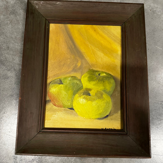 Original Oil Painting on Board of Green Apples with Green Wooden Frame