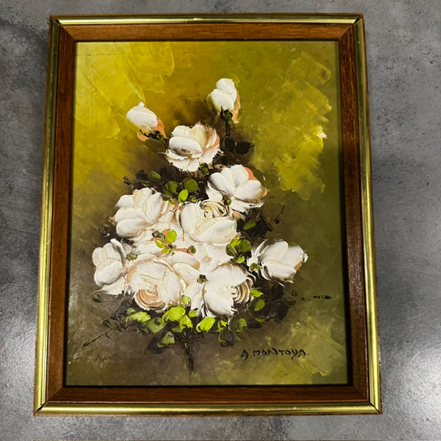 Original Oil Painting on Board of White Flowers in Wooden Frame with Brass Trim