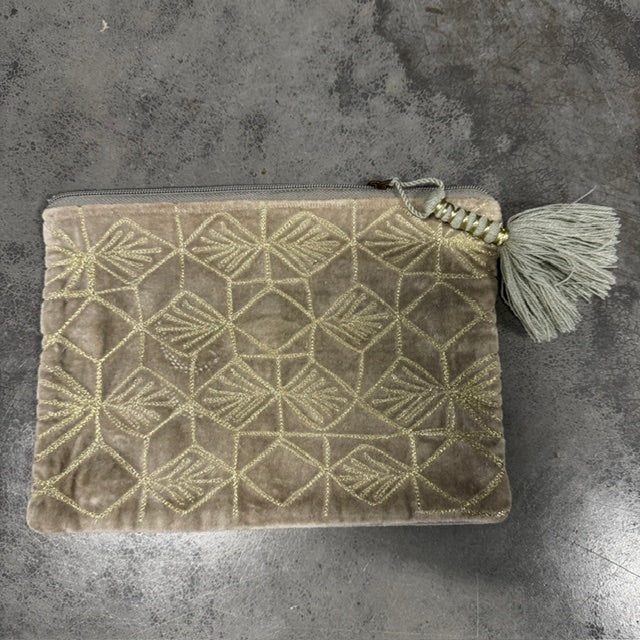 Silver-Grey Embroidered Velvet Zippered Pouch