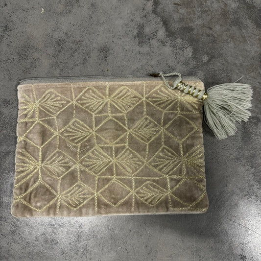Silver-Grey Embroidered Velvet Zippered Pouch