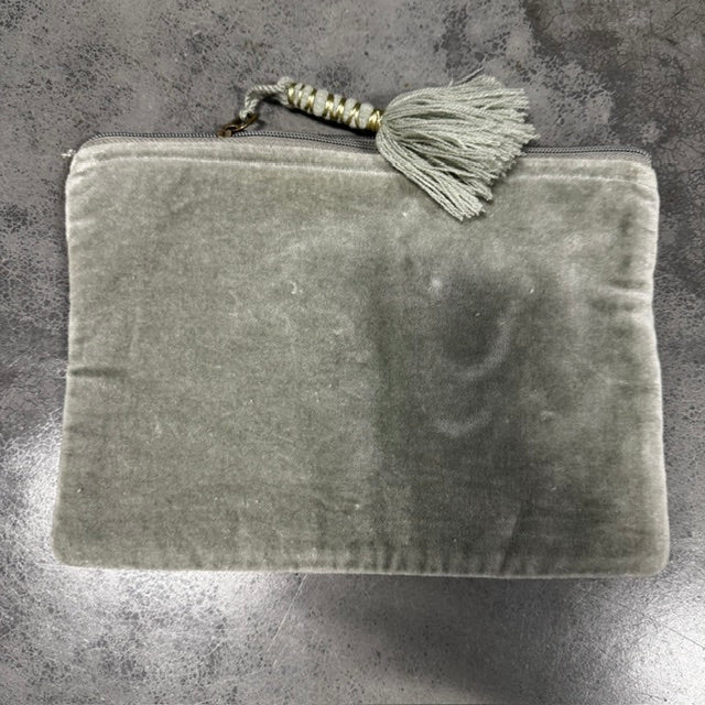 Silver-Grey Embroidered Velvet Zippered Pouch