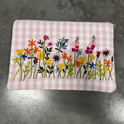 Pink Gingham Floral Embroidered Fabric Zippered Pouch