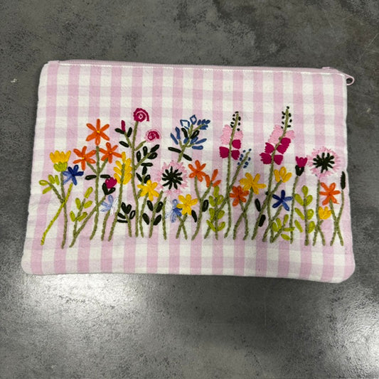 Pink Gingham Floral Embroidered Fabric Zippered Pouch