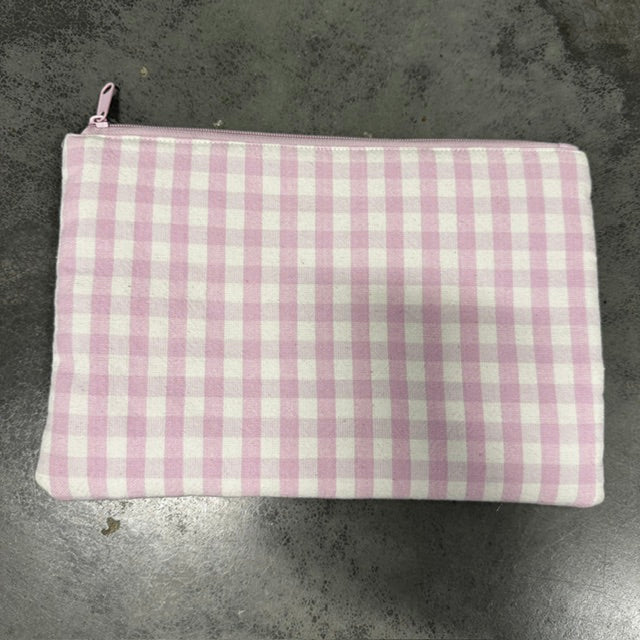 Pink Gingham Floral Embroidered Fabric Zippered Pouch