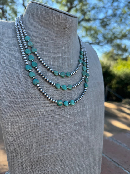 Handcrafted Kingman Turquoise &  Sterling Silver Heart 4mm Beaded Necklace