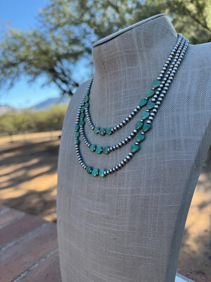 Handcrafted Kingman Turquoise &  Sterling Silver Heart 4mm Beaded Necklace