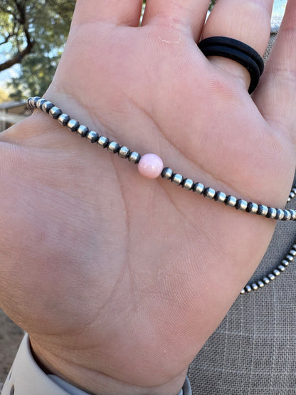 Handcrafted Pink Conch & Sterling Silver 3mm Beaded Necklace