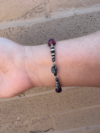 Handcrafted Purple Spiny & Sterling Silver Pearl 3-5mm Beaded Bracelet 7"