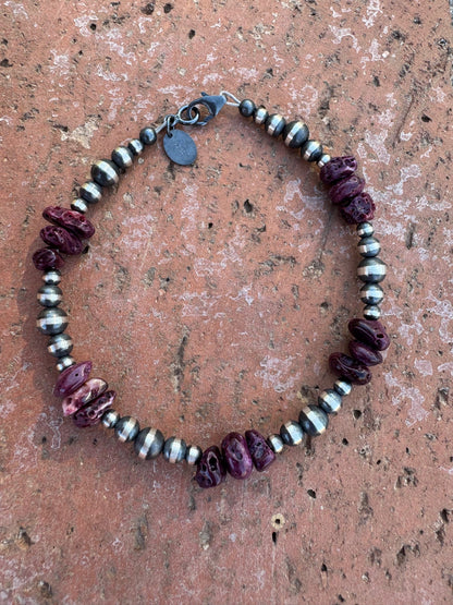 Handcrafted Purple Spiny & Sterling Silver Pearl 3-5mm Beaded Bracelet 7"