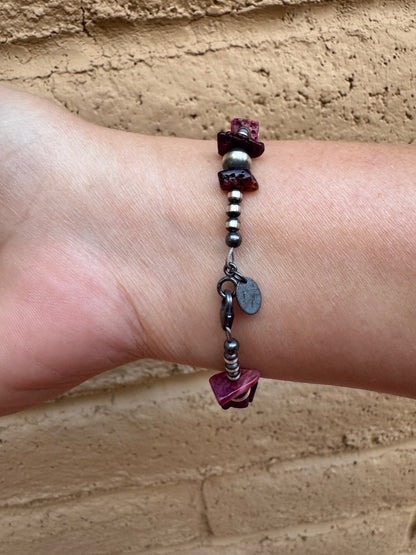 Handcrafted Flat Purple Spiny & Sterling Silver Pearl 3mm & 6mm Beaded Bracelet 7.5"