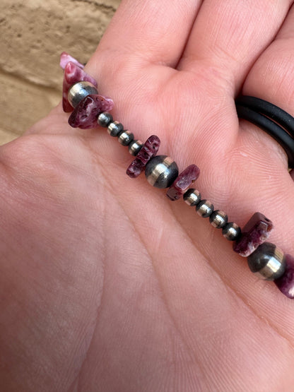 Handcrafted Flat Purple Spiny & Sterling Silver Pearl 3mm & 6mm Beaded Bracelet 7.5"