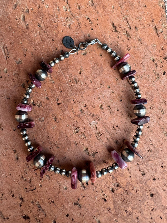 Handcrafted Flat Purple Spiny & Sterling Silver Pearl 3mm & 6mm Beaded Bracelet 7.5"