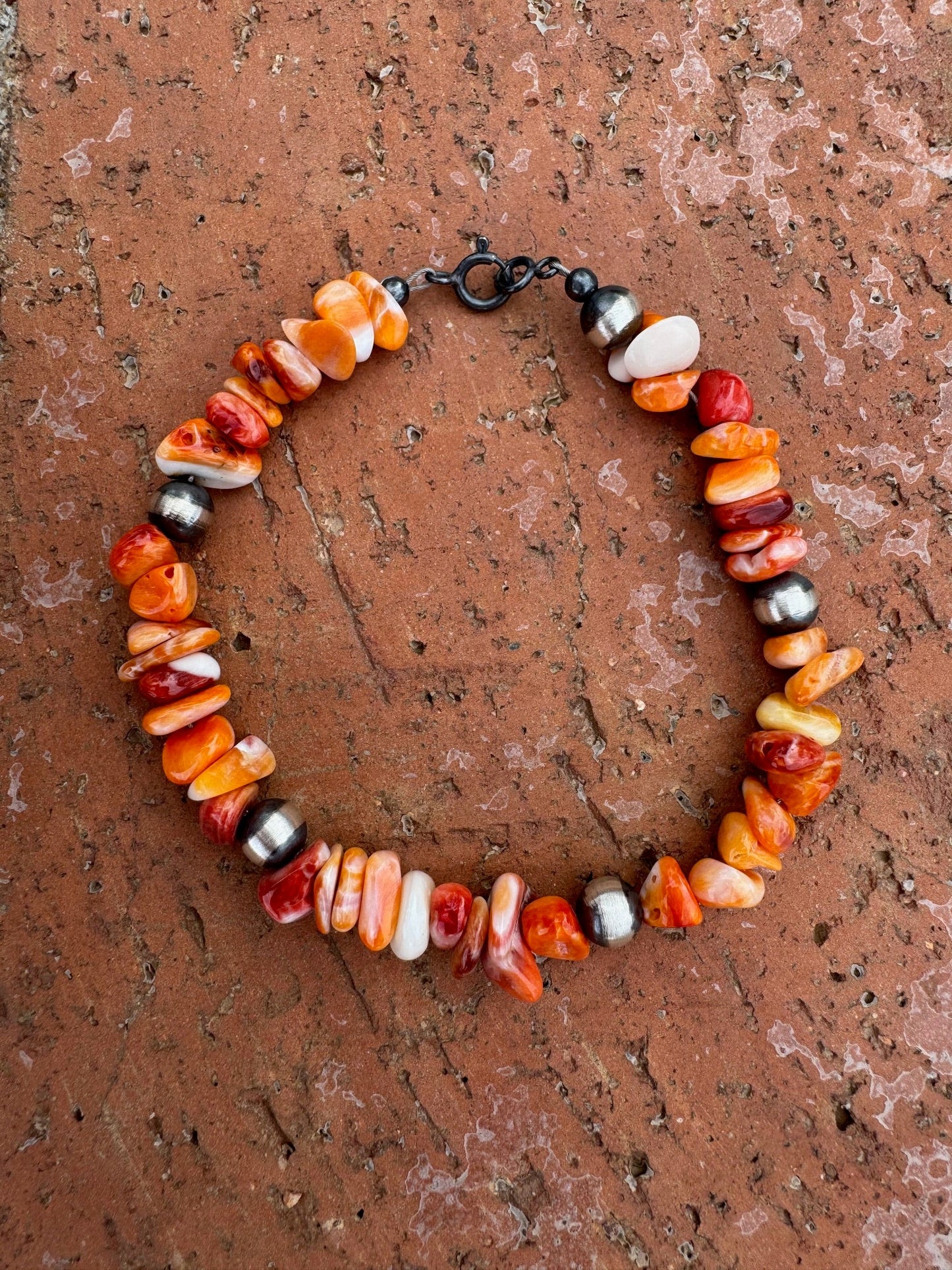 Handcrafted Orange Spiny & Sterling Silver 6mm Beaded Bracelet 7.5"