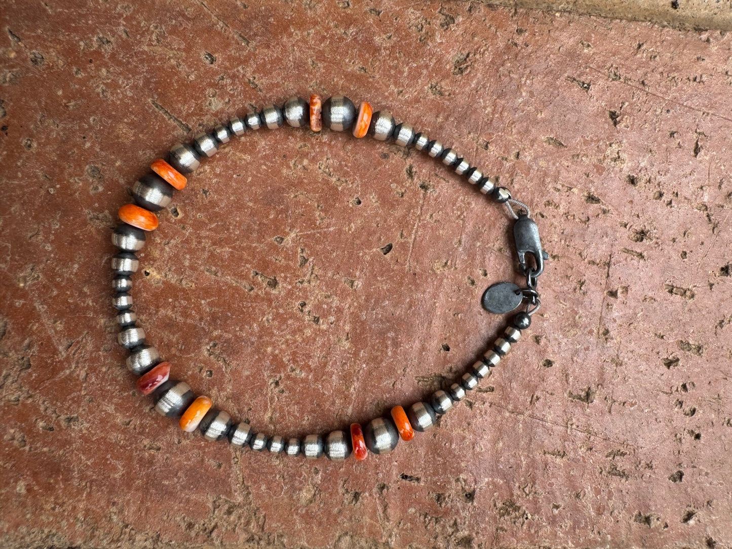 Handcrafted Orange Spiny & Sterling Silver 3-6mm Beaded Bracelet 7.5"