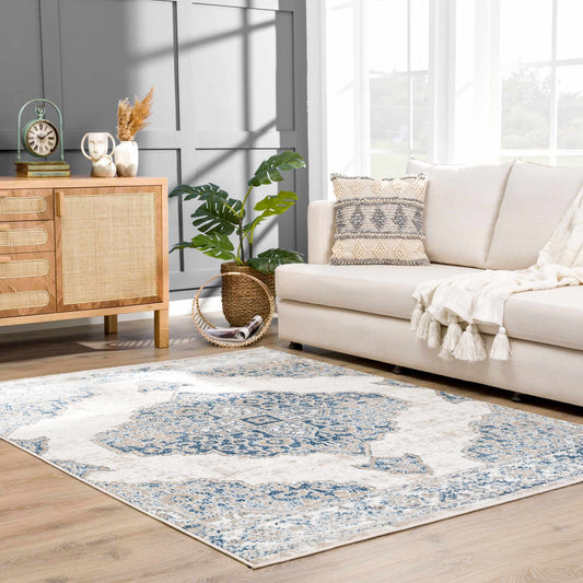 Amir Persian Area Rug - Cream and Blue Medallion Pattern